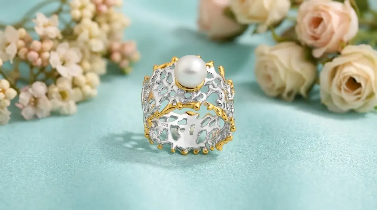 Preview: Perlen Ring 925 Silber vergoldet – Statement Schmuck mit Süßwasserperle